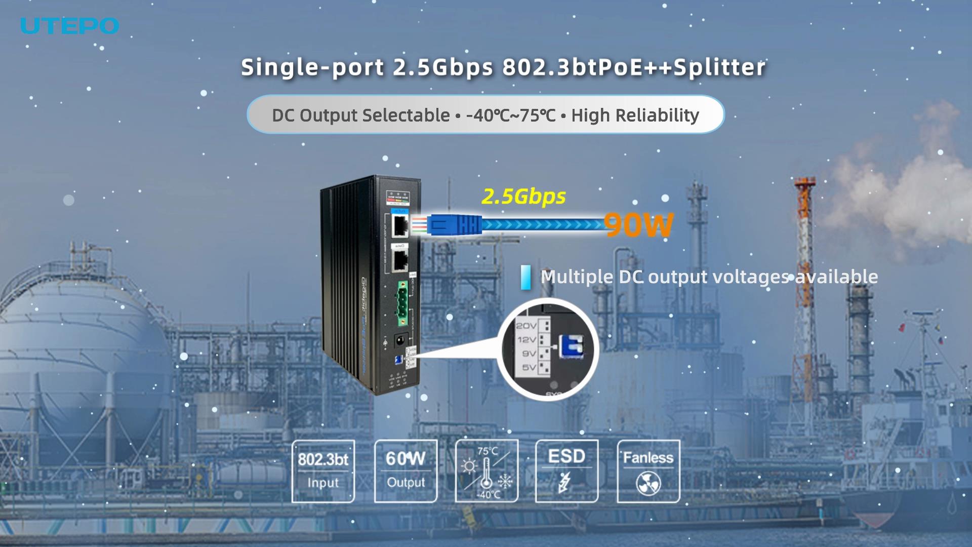 UTEPO Single-port 2.5Gbps 802.3bt PoE++ Splitter UPD7301-PDD